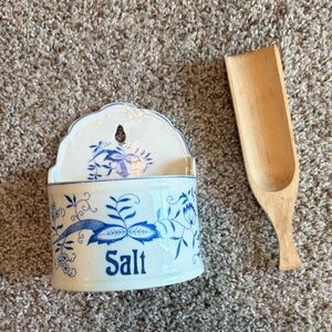 Vintage Blue and White Salt Cellar with Wooden Scoop